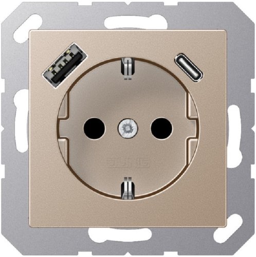 Розетка с заземлением +2хUSB тип A+C без рамки Jung A creation 1-м. шампань картинка